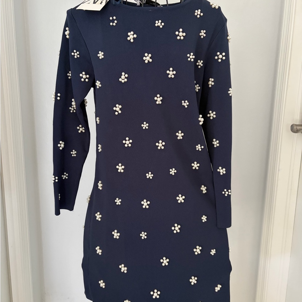 Zara Navy Long Sleeve Dress with Pearl Flower Embellishments
